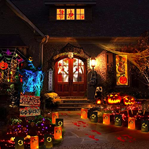 Halloween Luminary Bags Set - Witch, Castle & Cat Silhouettes, Flame-Resistant Lanterns, 48 Pack