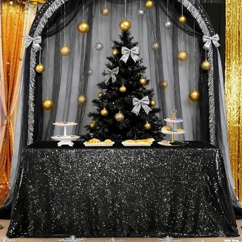 Black Sequin Table Cloth Skirt 132x90 Inch Party Decorations Sparkly Fabric