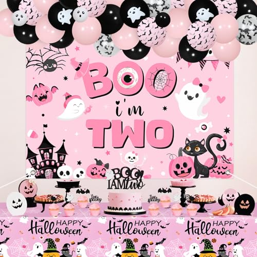 Halloween Birthday Balloon Arch Kit with Cake Toppers & Tablecloth for 2 Years Old Party