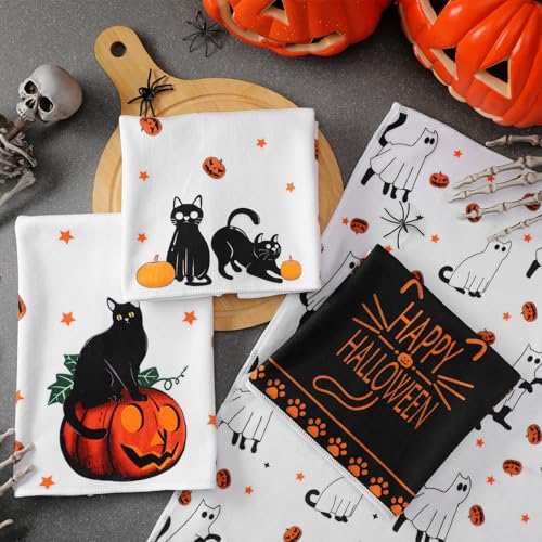 Halloween Cat Dish Towels Set - 4 Pack Absorbent Microfiber Kitchen Towels 14x21 Inches