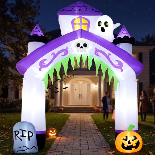 Purple Castle Arch Halloween Inflatable - 10FT Tall Haunted House Gateway with LED Lights