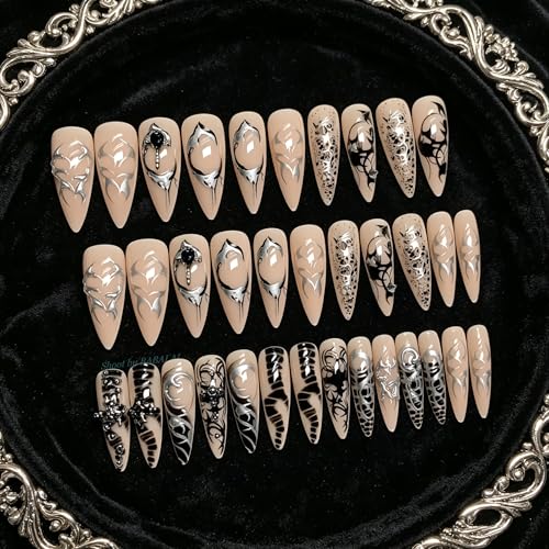 BABALAL Extra Long Gothic Stiletto Press-On Nails with Black Marble Lace - Variation ANG202-01, 24Pcs