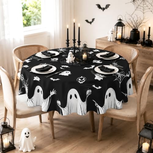 Black Spooky Ghost Halloween Round Tablecloth 60 Inch Washable Microfiber