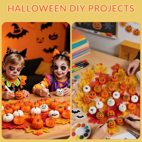 Mini Foam Pumpkins and Maple Leaves Fall Decor Set - White, Orange, Yellow, Speckled