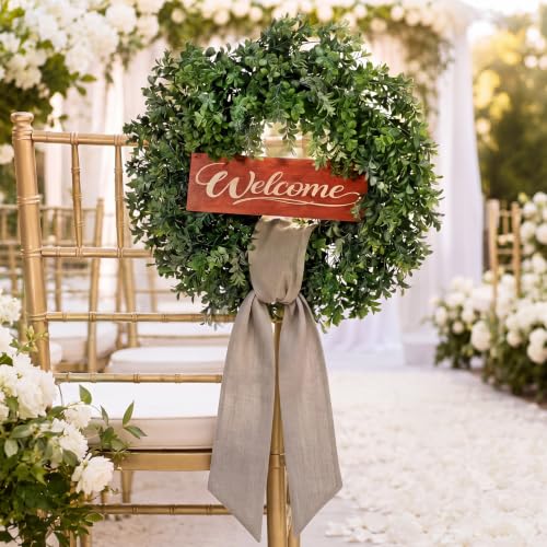 24-Inch Artificial Boxwood Wreath with Ribbons & Welcome Sign for Front Door