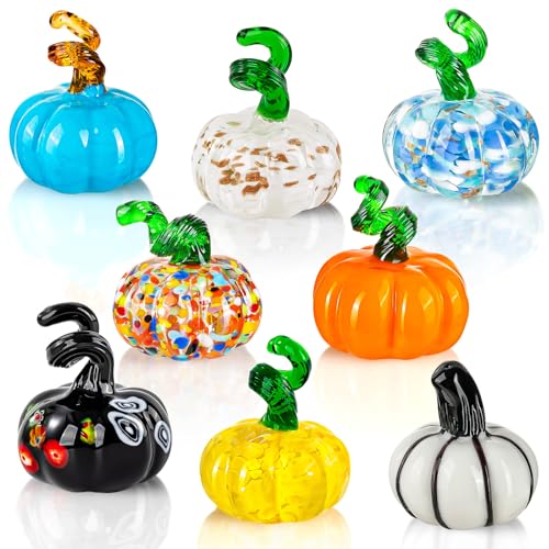 8 Pcs Hand Blown Glass Pumpkin Decorations - Mini Halloween Fall Decor Variation 8