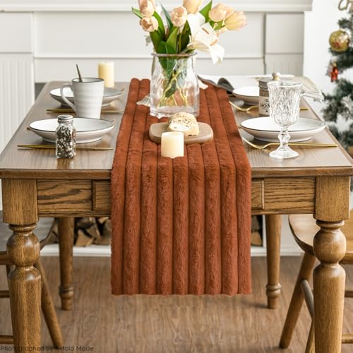 Caramel Plush Faux Fur Jacquard Table Runner 13x72 Inch Holiday Decor