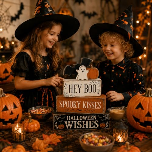 Halloween Wooden Tiered Tray Decor Set - Ghost & Jack O Lantern Signs, Indoor Festive Display