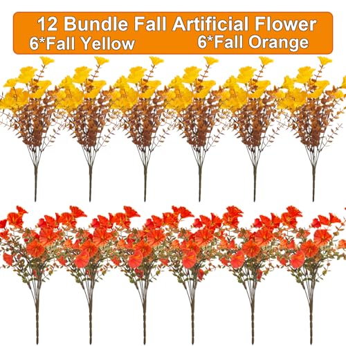 Artificial Fall Flowers Outdoor Decor - 12 Pcs Autumn Fake Plants with UV Resistance & Waterproofing - Fall Mix