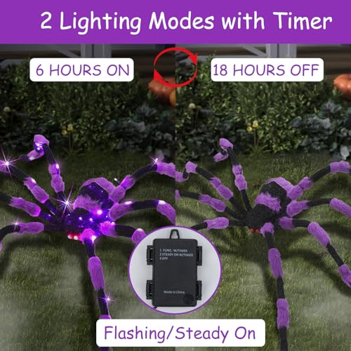 Giant Purple Halloween Spider Decoration 60” Lighted Outdoor Indoor with Red Eyes