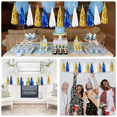 Blue Gold White Foil Fringe Tassel Garland - 3 Pack Party Decorations