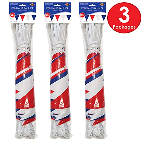 Patriotic Pennant Banners 3 Pack - Red White Blue 120ft for 4th of July Memorial Day