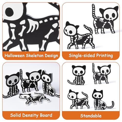 Halloween Skeleton Cat Wooden Figurines Set - Spooky Indoor Decor, 4 Pieces