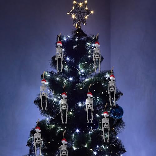 Christmas Skeleton Ornaments with Santa Hat - 12 Pack, 7.3 Inch Mini Decor