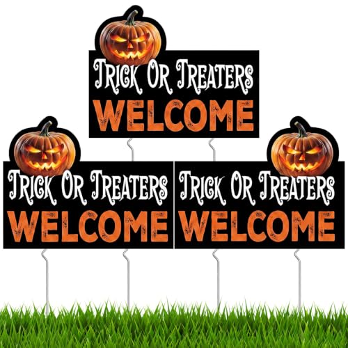 Halloween Yard Signs Set - Trick or Treaters Welcome Outdoor Decor, Weatherproof, Double Sided, 3-Piece