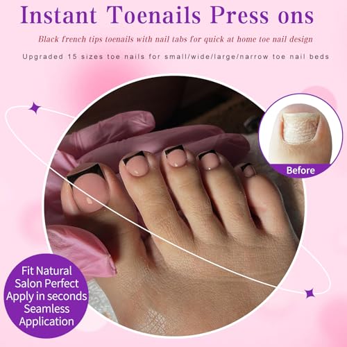 150pc Black French Tip Press On Toenails - Brown Short Square Style - Variation A