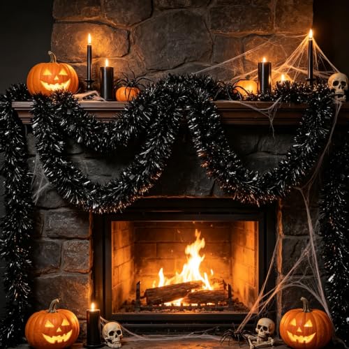 Black 33Ft Christmas Tinsel Garland Metallic Twist Decor for Indoor Outdoor Holiday