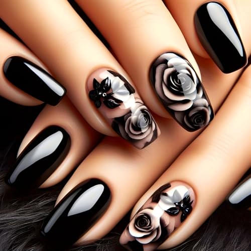 Coffin Press On Nails Short Fake Nails with Rose Leaves Design - Black Glossy 24Pcs