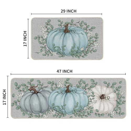 Pumpkin Eucalyptus Fall Kitchen Mats Set of 2 - Blue, 17x29 & 17x47 Inches