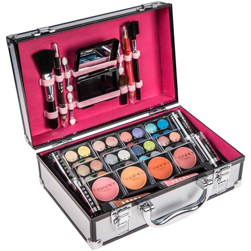 Carry All Makeup Train Case with Pro Makeup Set - Silver - Travel Cosmetic Organizer
