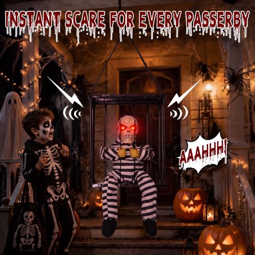 Outdoor Halloween Skeleton Decor with Motion-Activated Skull Prisoner