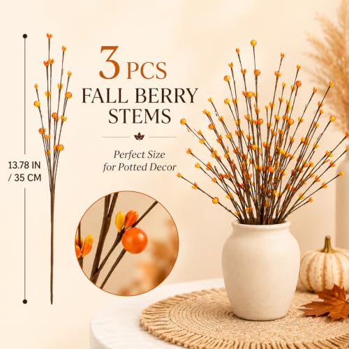 Fall Berry Stems Faux Autumn Flowers with Orange Yellow Berries - Rustic Fall Decor