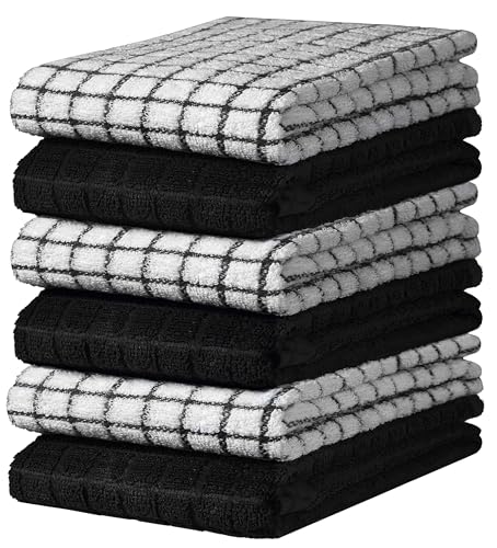 Kitchen Towel Set - 6 Pack 100% Cotton Black Dish Towels, 16x28 Inches - Soft & Absorbent