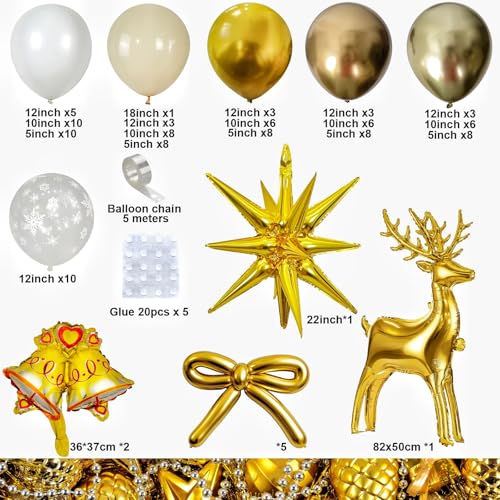 Champagne Gold White Christmas Balloon Arch Kit 121pcs with Deer & Snowflakes