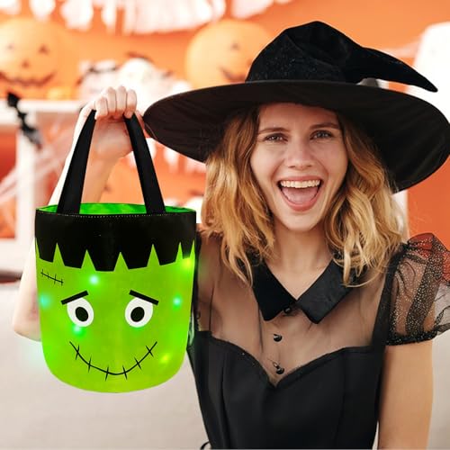 Halloween Candy Buckets with LED Lights - 2 Pack, Orange & Green Trick or Treat Baskets