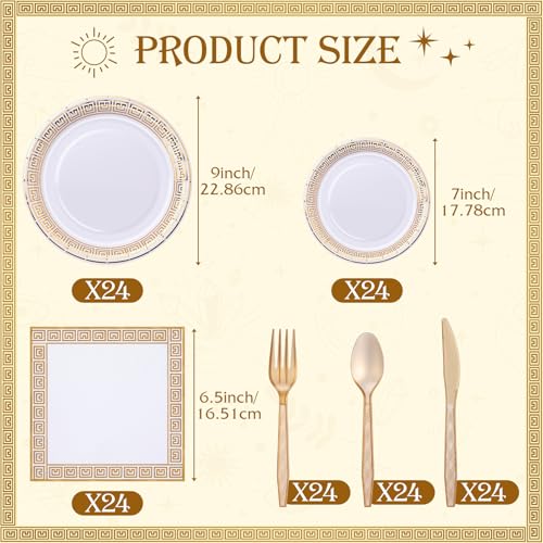 Greek Mythology Party Supplies Set - Gold Theme for 24 Guests, Includes Plates, Napkins, Cutlery, Variations Available