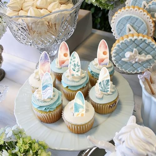 Color 12 Edible Surfboard Cupcake Toppers - Summer Beach Party Decorations