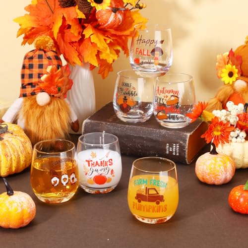 Fall Thanksgiving 12 oz Stemless Wine Glasses Set - 12 Pcs Festive Design