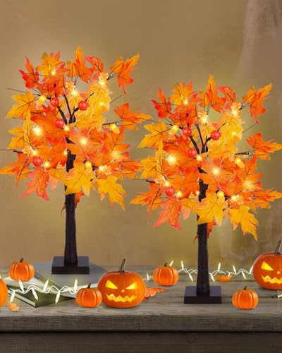 2+2FT Fall Maple Tree Light with Pumpkins & Acorns - USB & Battery Operated