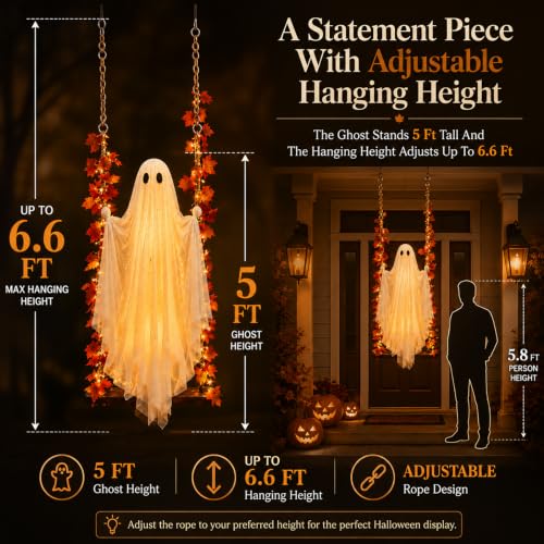 Halloween Decorations Light Up Swinging Ghost on Swing - 6.6 Ft Outdoor Porch Accent with Maple Leaves - Variation 30