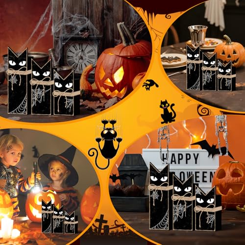 Halloween Black Cat Wooden Tiered Tray Decor Set - 3 Pack, Rustic Spooky Home Accent