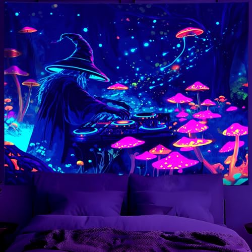 UV Reactive Halloween Tapestry - Blacklight Glow in the Dark Wizard Decor - 90x70 Inches - Wizard DJ Variation