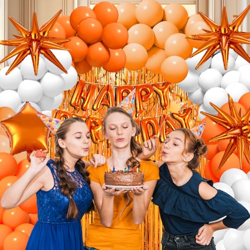 Orange White Birthday Decorations Set with Balloons, Fringe Curtains & Tablecloth - Variation: White Orange