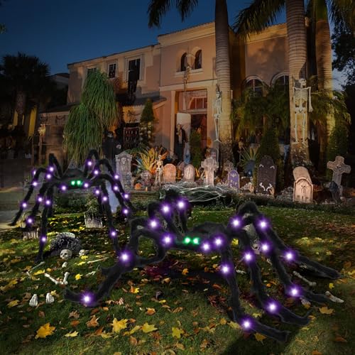 Halloween Spider Decorations Light Up Giant Spiders - 4ft, 2 Pack, Green Eyes - Variation of HalloweenC