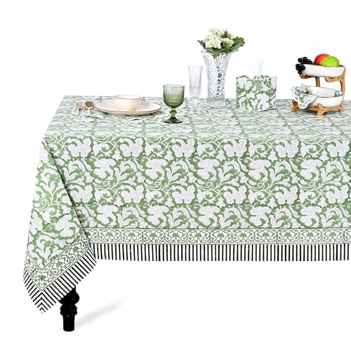 Ridhi Sage Green Hand Block Print Cotton Rectangular Tablecloth 108 x 60 Inches - Elegant Dining Decor
