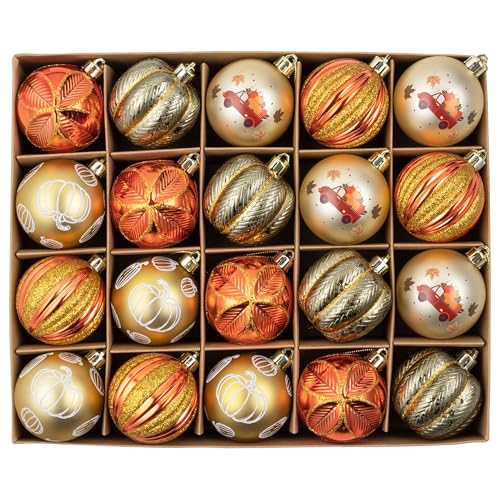 Fall Pumpkin Ornaments Set - Shatterproof 20pcs 2.36 Inch Tree Decorations with Rattan & Pumpkin Prints