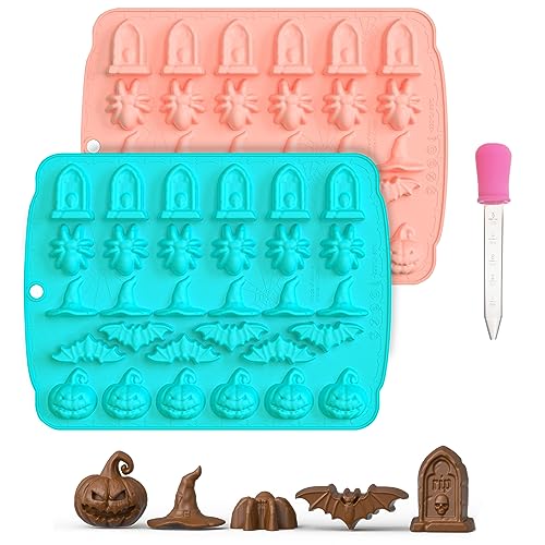 Halloween Silicone Chocolate & Candy Molds Set - Pumpkin Spider Bat Witch Hat Gravestone, 30 Cavities