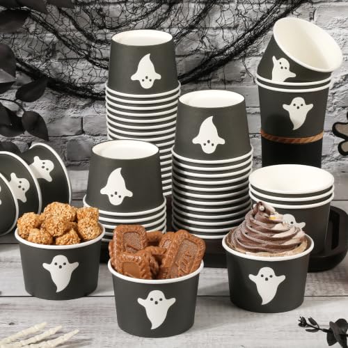Halloween Ghost Paper Cups 9oz - Disposable Snack Bowls, 50 Pack - Ghost Variation