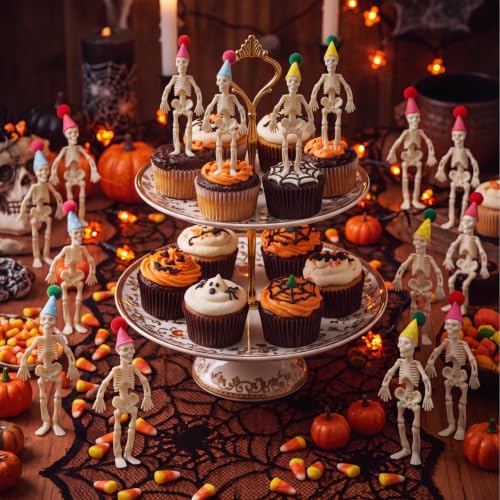 Mini Skeleton Figurines with Felt Hats - Halloween Decorations, 24 Pack