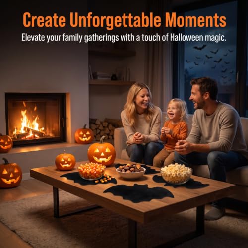 Halloween Felt Bat Placemat Set - Reusable Black Table Mats for Dining