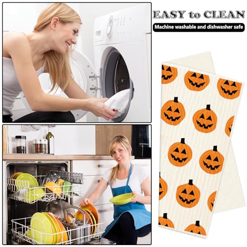 Halloween Ghost Pumpkin Swedish Dishcloths - Reusable Cotton Kitchen Towels - 4 Pack, 7x8 Inch