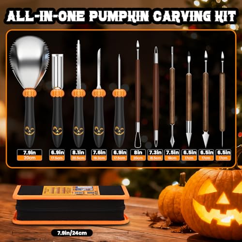 Pumpkin Carving Kit for Adults & Kids with Stainless Steel Tools & Carrying Case