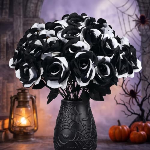 Black and White Faux Silk Rose Flowers with Long Stems - 30 Pack
