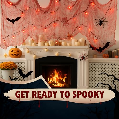 Halloween Hanging Bat Decorations with LED Lights and Creepy Cloth - Red, 24 pcs