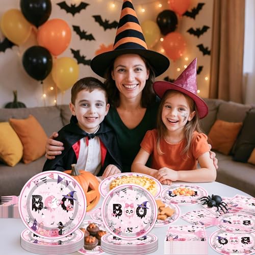 Happy Boo Day Halloween Party Disposable Tableware Set for 24 Guests - Pink Ghost & Pumpkin Design
