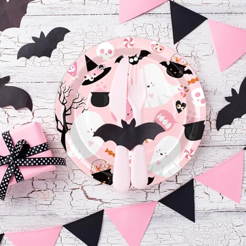 Pink Halloween Paper Plates 50 Pack - 9 Inch Disposable Ghost Party Tableware